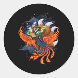 Pegatina Redonda Zorro montando anime de fénix Ukiyo-e Mitología Ja