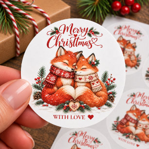 Pegatina Redonda Zorros de Navidad acogedores nórdicos con amor