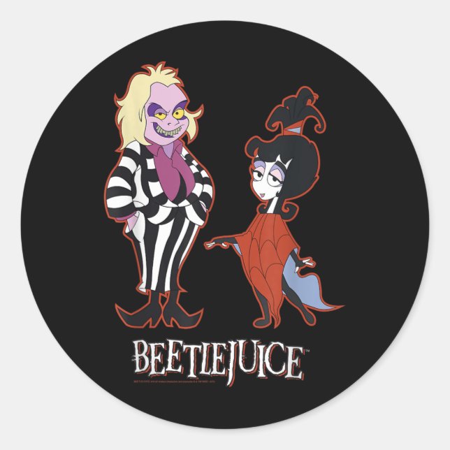 Pegatina Redonda Zumo De Beetlejuice Rojo Esquema Beetlejuice Y Lyd (Anverso)