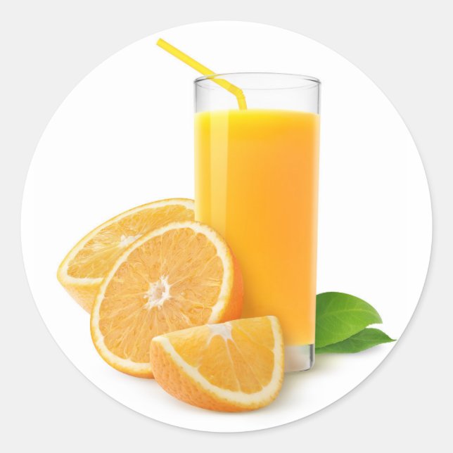 Pegatina Redonda Zumo de naranja fresco en un vaso (Anverso)