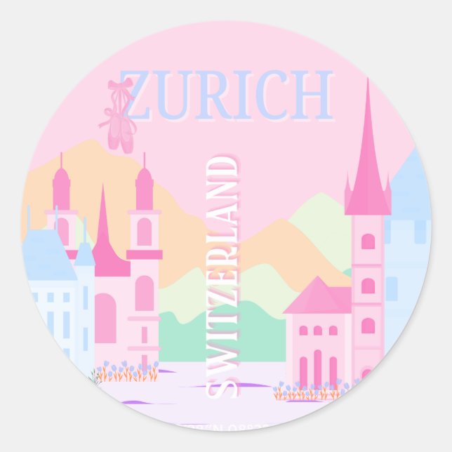 Pegatina Redonda Zurich Travel Art, Suiza, Pink Preppy