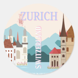 Pegatina Redonda Zúrich Travel Art, Suiza Travel Art, Retro