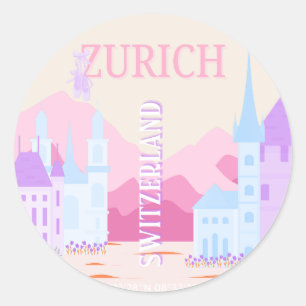 Pegatina Redonda Zurich Travel Art, Suiza, Viajes de Pink Preppy