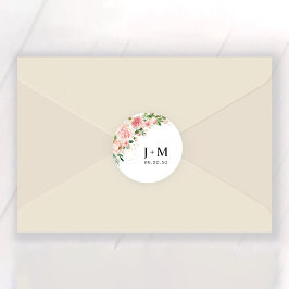 Pegatina redondo clásico Boda de rosas rosadas de