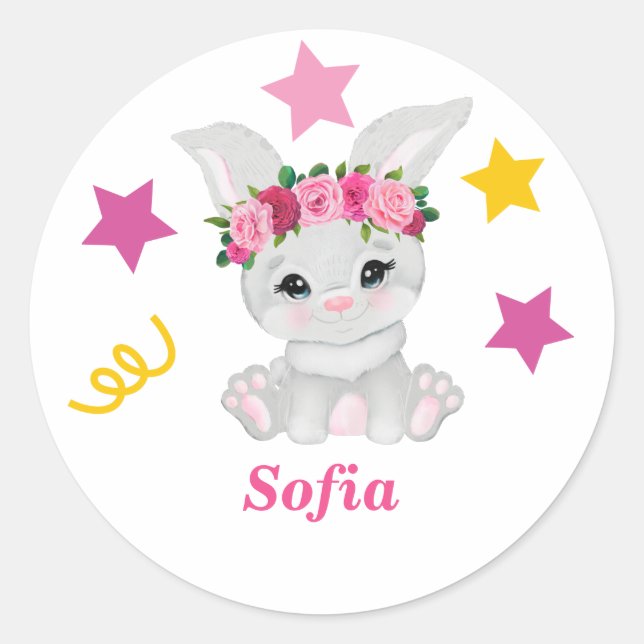 Pegatina redondo clásico chica de conejito (Anverso)