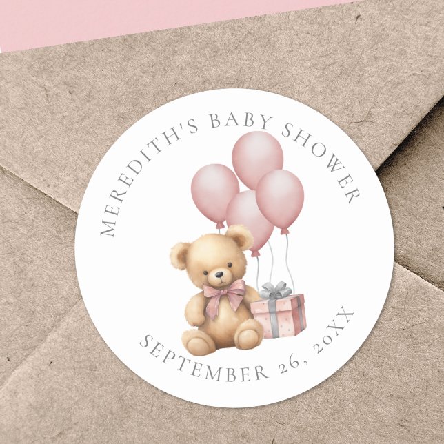 Pegatina redondo clásico de Baby Shower Teddy Bear (Pink Teddy Bear Baby Shower Classic Round Sticker )