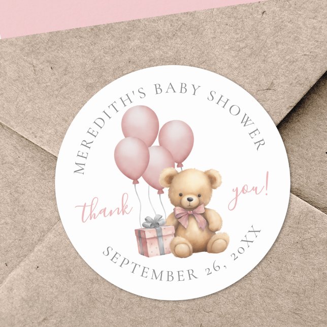 Pegatina redondo clásico de Baby Shower Teddy Bear (Pink Teddy Bear Baby Shower Classic Round Sticker)