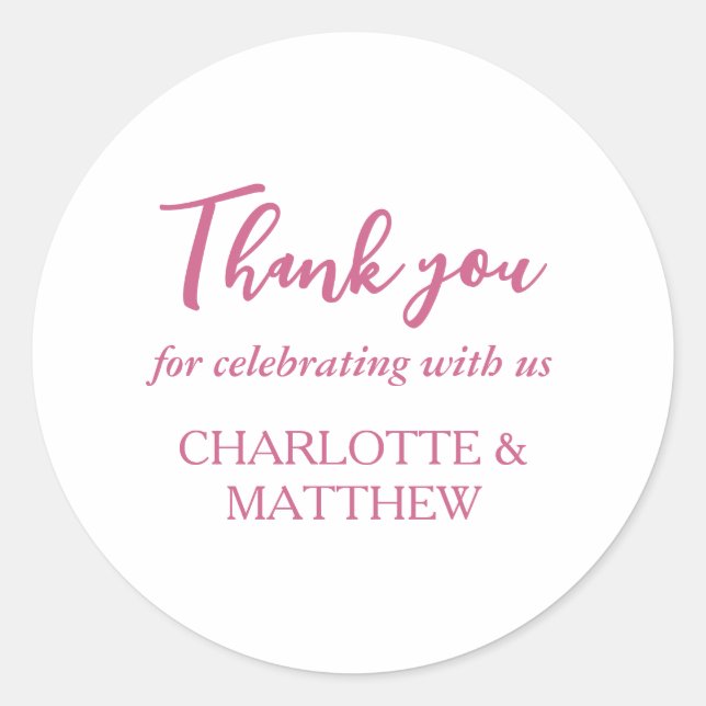 Pegatina redondo clásico de Boda blanco y magenta (Anverso)