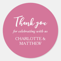 Pegatina redondo clásico de Boda blanco y magenta