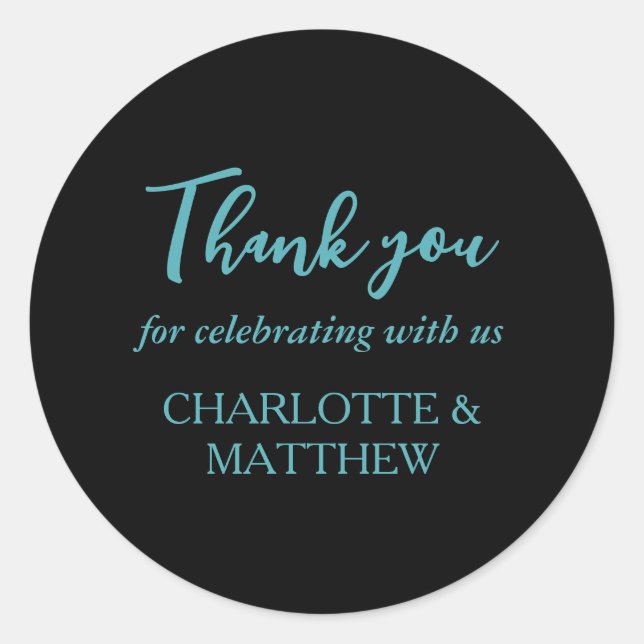 Pegatina redondo clásico de Boda turquesa y negro (Anverso)