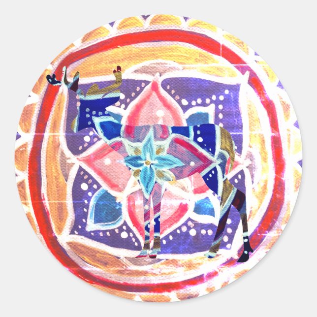 Pegatina redondo clásico de ciervos Mandala, brill (Anverso)