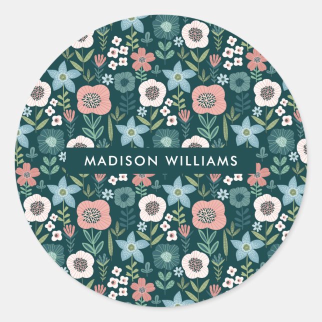 Pegatina redondo clásico de flores (Anverso)