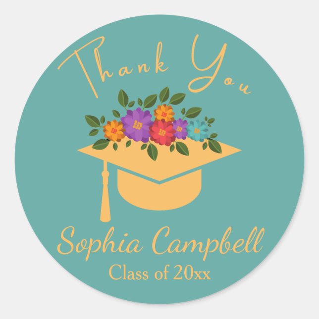 Pegatina redondo clásico de graduación floral turq (Anverso)