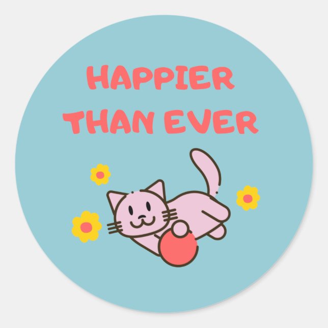Pegatina redondo clásico de Happy Cat&Flowers (Anverso)