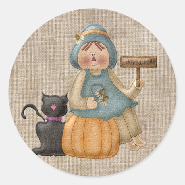 Pegatina redondo clásico de Happy Fall Scarecrow (Anverso)