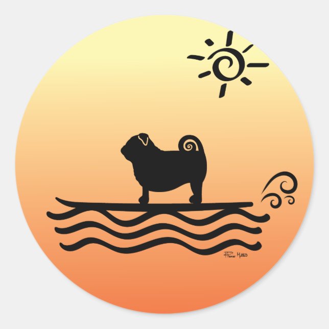 Pegatina redondo clásico de la surf de Pug (Anverso)