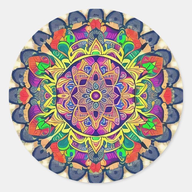 Pegatina redondo clásico de Mandala rojo y verde (Anverso)