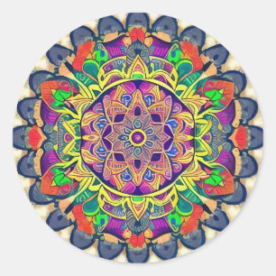 Pegatina redondo clásico de Mandala rojo y verde