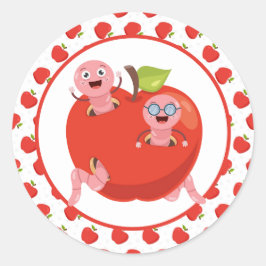 Pegatina redondo clásico de manzanas y gusanos