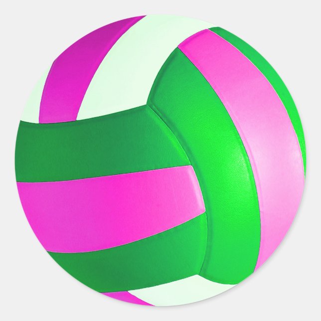 Pegatina redondo clásico de voleibol rosa y verde (Anverso)