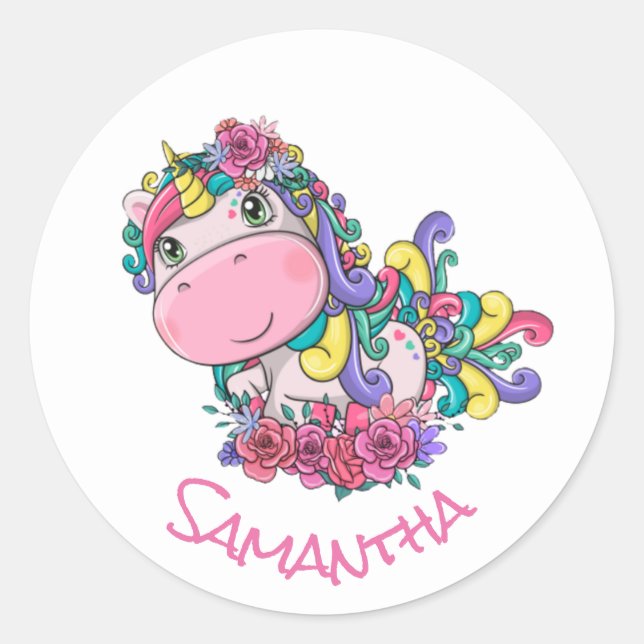 Pegatina redondo clásico púrpura Fiesta de Unicorn (Anverso)