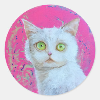 Pegatina redondo de gato blanco caprichoso