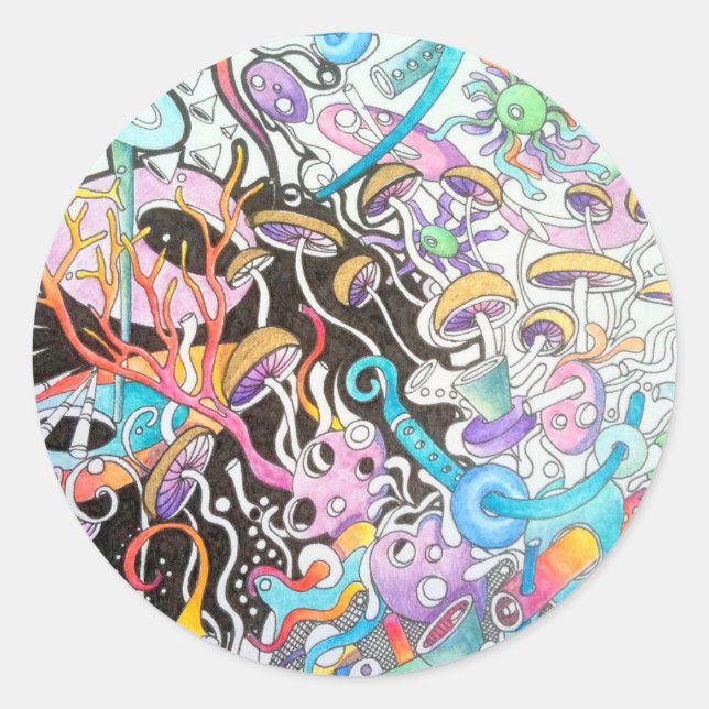 Pegatina redondo de hongos mágicos (Anverso)
