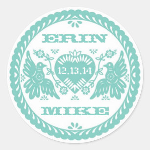 Pegatina redondo de Lovebirds verde azulado de 3"