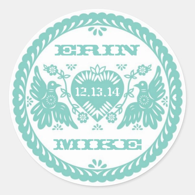 Pegatina redondo de Lovebirds verde azulado de 3" (Anverso)