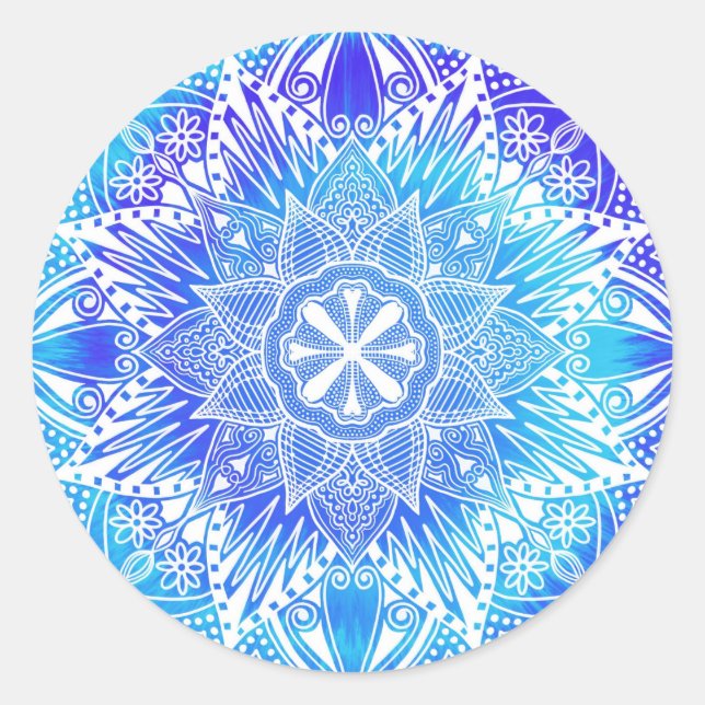 Pegatina redondo de Mandala, copo de nieve azul (Anverso)
