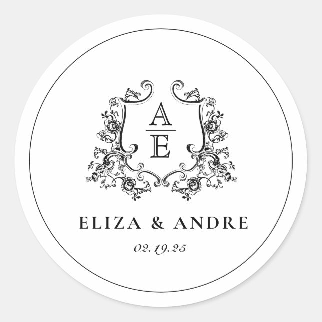 Pegatina redondo de monograma blanco y negro (Anverso)