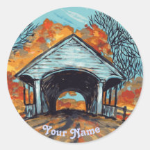 Pegatina redondo puente cubierto de otoño