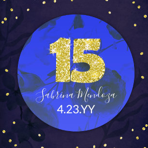 Pegatina redondo Sapphire Blue Quinceanera Gold #1