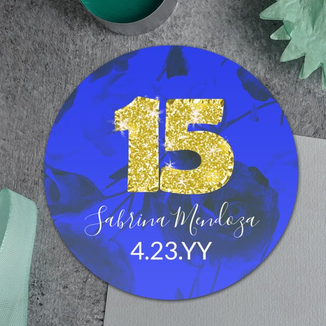 Pegatina redondo Sapphire Blue Quinceanera Gold #1 (Royal blue and gold quinceanera number 15 fifteen 15th stickers for party favors envelopes)