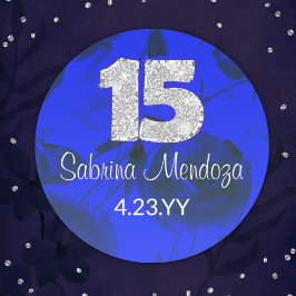 Pegatina redondo Sapphire Blue Quinceanera Silver