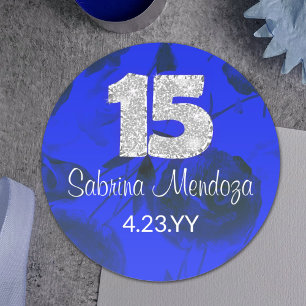 Pegatina redondo Sapphire Blue Quinceanera Silver