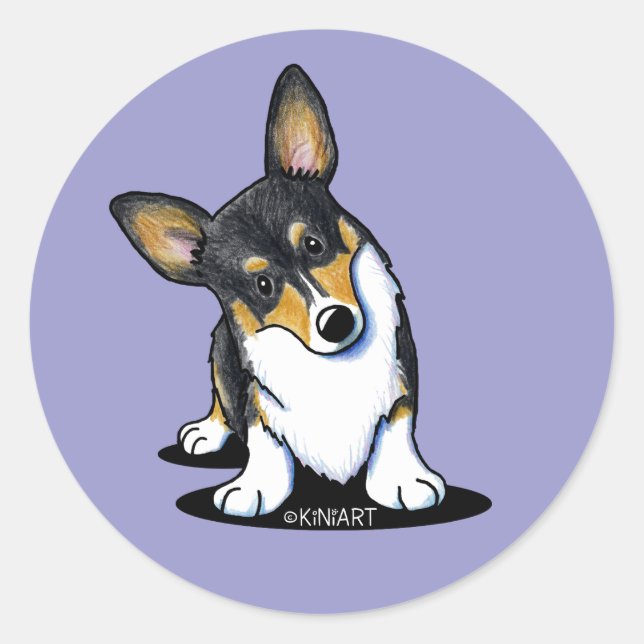 Pegatina redondo Tri Curious Corgi Classic (Anverso)