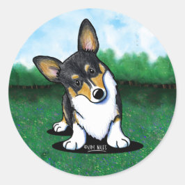 Pegatina redondo Tri Curious Corgi Classic