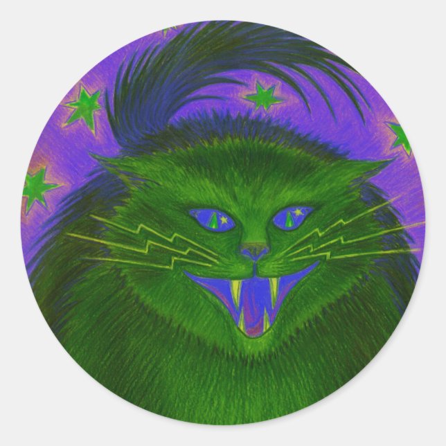 Pegatina redondo verde de gato asustado (Anverso)