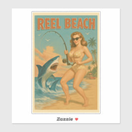 Pegatina Reel Beach Shark Fishing Pin-Up Retro Coastal Life