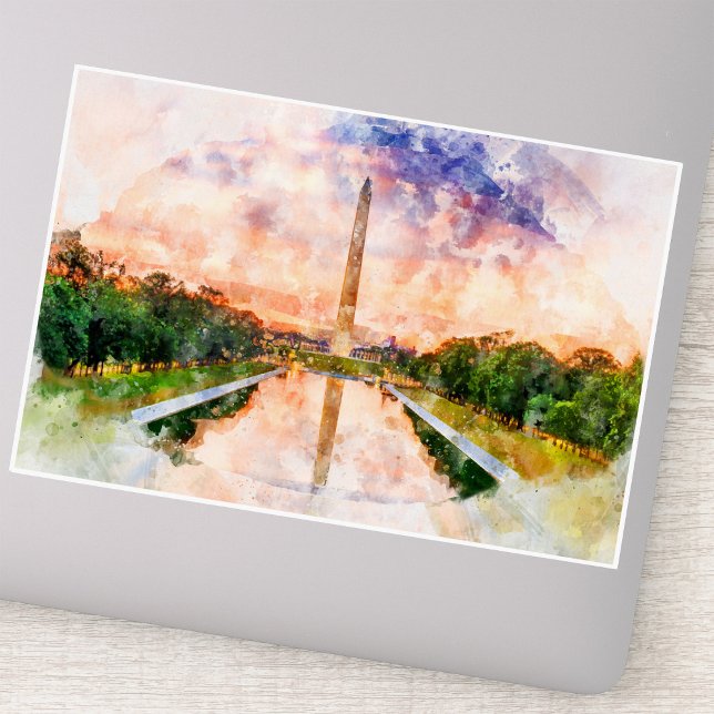 Pegatina Reflejo del Monumento a Washington en Puesta de So (Washington Monument Watercolor Sunset Reflection. Sticker)