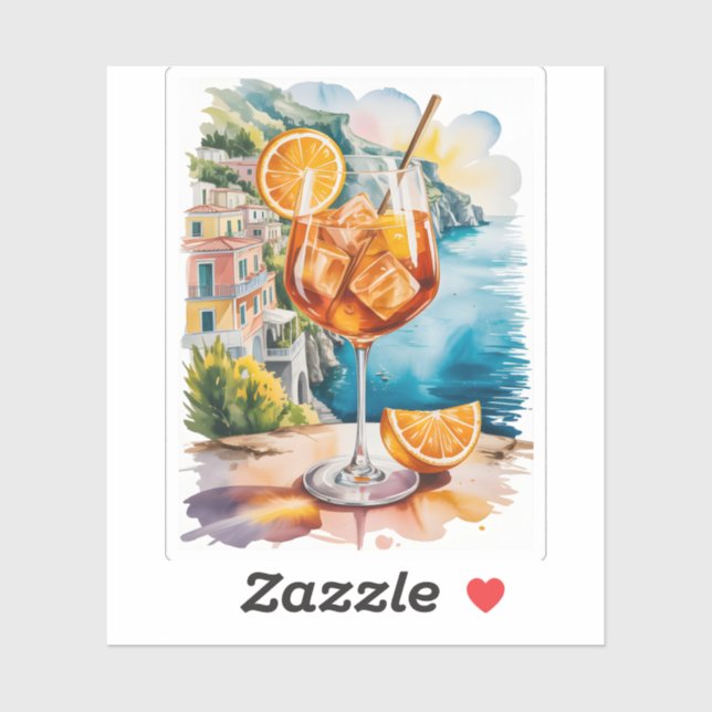 Pegatina Refresco de Aperol Spritz Mediterráneo Acuarela (Hoja)