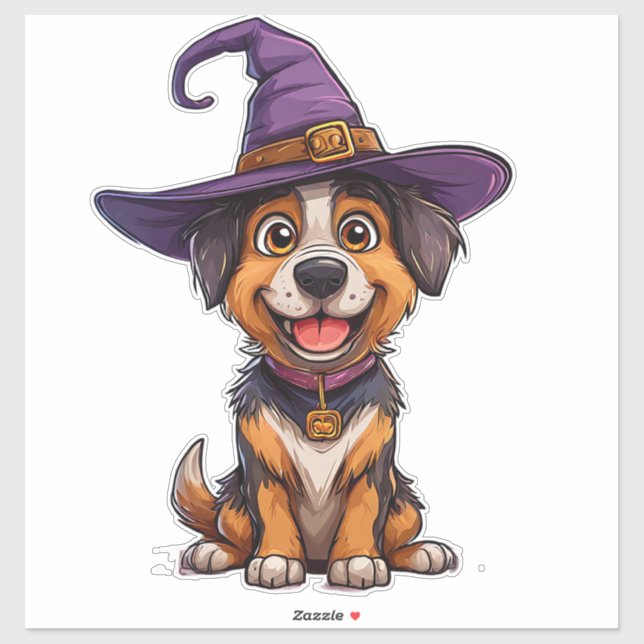 Pegatina Regalo de Halloween de Perro Lindo con Sombrero Pú (Hoja)
