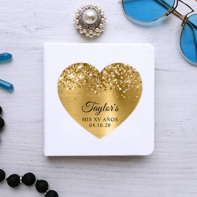 Pegatina Relieve metalizado dorado Purpurinoso Mi XV Forma  (Heart Shaped Sticker for Her Guest Book)