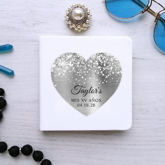 Pegatina Relieve metalizado plateado Purpurinoso Mi XV Form (Silver Glitter Custom Heart Sticker)
