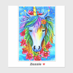 Pegatina Resumen unicornio Flores faciales acuarela Arte