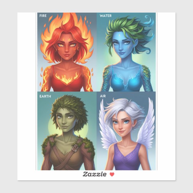Pegatina Retratos elementales de fantasía de agua de fuego  (Hoja)