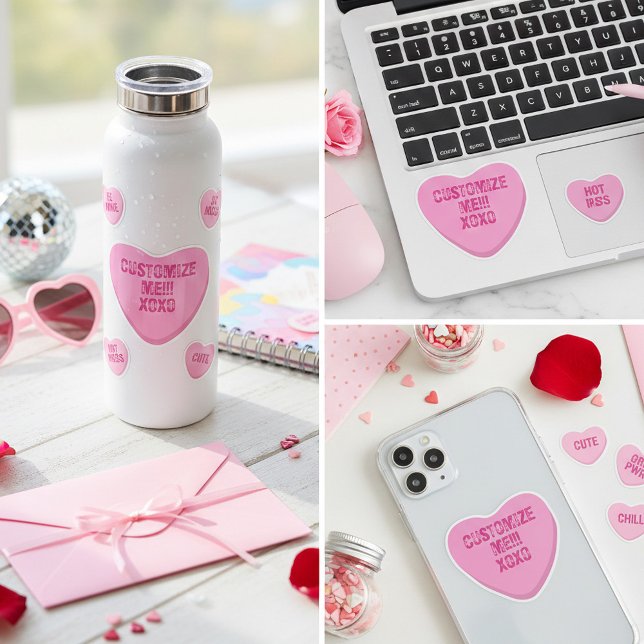 Pegatina Retro Candy Heart Personalized Custom Pink Vinyl (A custom pink candy heart vinyl sticker  for your Valentine or Galentine conversation heart)