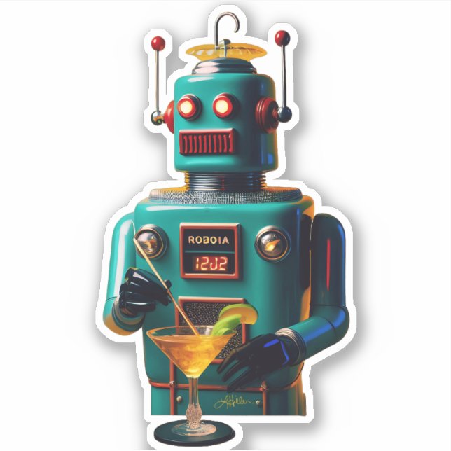 Pegatina Retro Futuristic Robot ROBIA 12J2 Mixologist (Anverso)