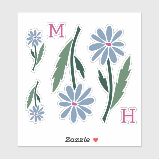 Pegatina Retro Hand Drawn Blue Flowers Pink Monogram (Hoja)